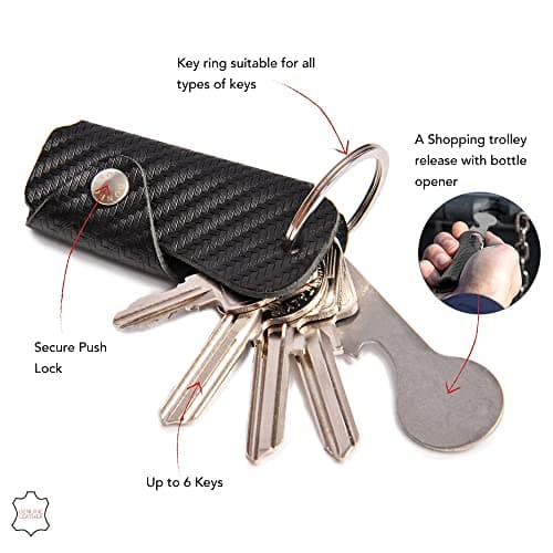 DONBOLSO Key Organizer Colt I Compact Keychain with Shopping Trolley Token and Bottle Opener I Leather Keyring holds 1-6 Keys I Carbon Fibre — view 2