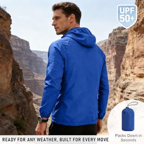 ADUDVLO Men's Lightweight Waterproof Jacket with Pockets, Packable Hooded Windproof Rain Jacket for Travel, Running & Hiking – Includes Carry Pouch (UK, Alpha, L, Regular, Regular, Blue) — view 6
