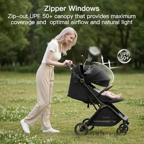 Gromast Gravity Folding Baby Stroller - Portable Travel Toddler Stroller w/Adjustable Backrest, Canopy & Cup Holder, Lightweight and UV Protected, One-Hand Automatic Folding - Black — view 6