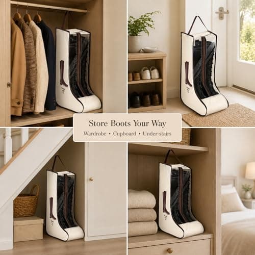Long Boot Storage Bag, Cream, Clear Viewing Panel, Zip Opening, 1 Pair | Tall Enclosed Format, Bound Edges, Top Carry Handle, for Organising Footwear in Wardrobes and Carrying During Travel — view 3