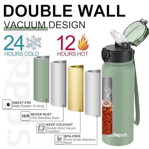 GOPPUS 600ml/20oz Stainless Water Bottle with Straw Double Wall Insulated Bottles with Strap One Hand Open Vacuum Thermal Flask with Flip Top Lid Leakproof Keep Cold Drinks BPA Free (Sage Green) — view 5