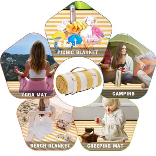 VIREO GARDEN Waterproof Picnic Blanket Portable with Carry Strap for Beach Mat or Family Outdoor Camping Party, 200X145cm Park Blanket for Grass Park, Hiking, Travel, Concerts.Bumblebee Yellow — view 5
