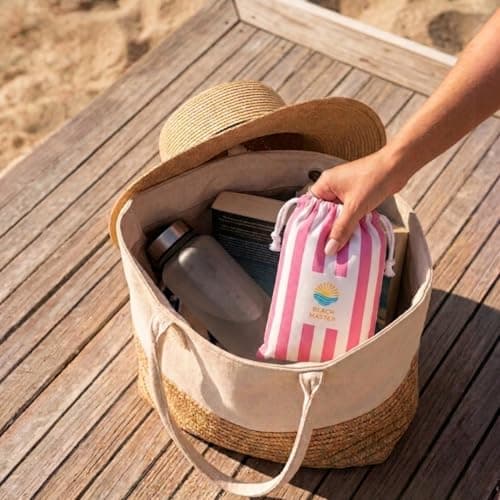 Beach Master Large Microfibre Beach Towel for Adults – Quick Dry & Sand Free Lightweight Travel Towel with Carry Bag, 160 x 80cm – Pink Stripe — view 3