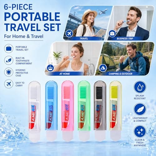 Travel Toothbrush and Toothpaste Set, 6 Folding Compact Toothbrushes with 6 Mini Toothpaste Tubes and Travel Bag, Portable Oral Care Kit for Flights, Work, Camping and Short Trips — view 5