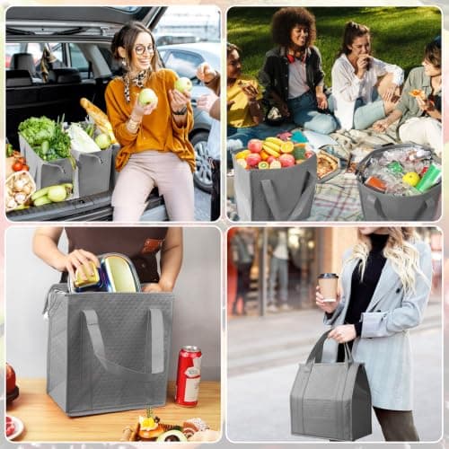 VZZNN 10 Pack Insulated Grocery Bags Bulk, Reusable Shopping Bags with Sturdy Zipper & Handles, Large Foldable Washable Thermal Cooler Totes for Hot Cold Food Transport, Travel & Lunch(Grey) — view 2