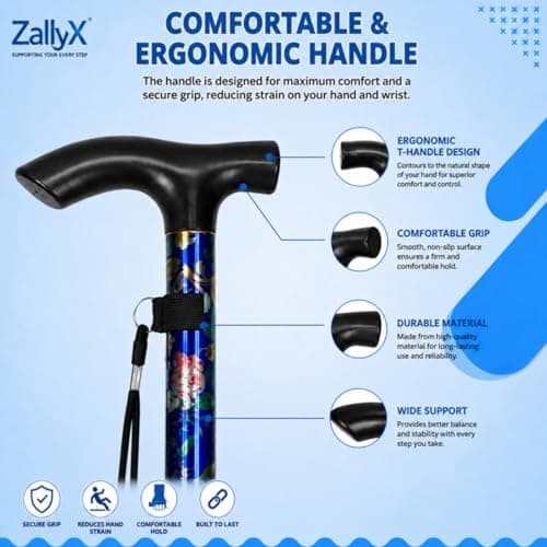 ZallyX Foldable Walking Sticks for Men & Women, 85–95cm Adjustable Ladies Walking Stick, Mobility aids, Collapsible walking stick For Elderly Adults (Blue Flower) — view 3