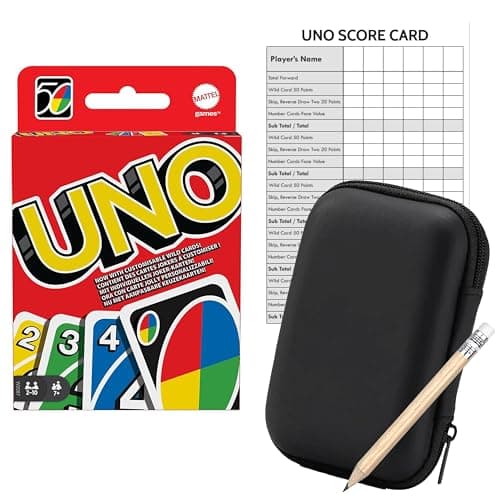 UNO Card Game & Travel Case - Black Protective Travel Case & Scorecard With Pencil & Rubber, Travel Games, Card Games, Family Games, Kid Games, Game Night, 2 to 10 Players, Mattel