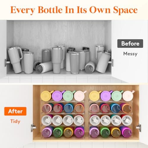 Lifewit Stackable Water Bottle Storage Organiser, Wine Bottle Holder for Cupboard, Plastic Large Compartment Tumbler organiser, Clear Wine Rack, Mug Cup Holder for Kitchen Storage, 4 Tier Hold 16 — view 6