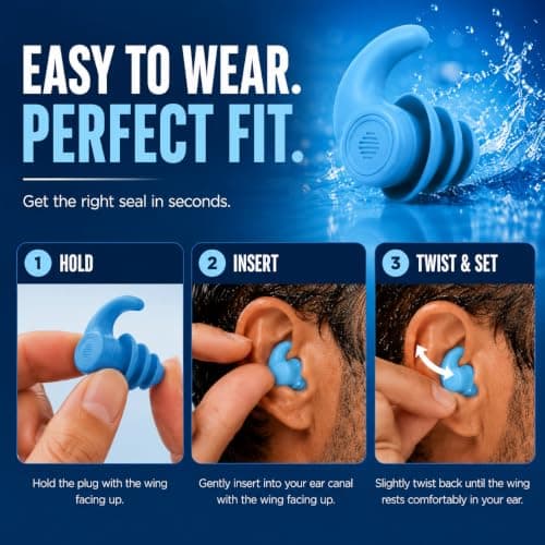 H20VIZ Pro Swim Ear Plugs | 3 Pairs | Waterproof, Reusable Silicone Earplugs for Swimming, Surfing, Snorkeling & All Water Sports (Green, Blue, Coral, 3 Pairs) — view 6
