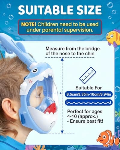 Torlaist Full Face Snorkel Mask Kids Blue Shark Designed for 5-10 Years Old - 180°Super High-Definition View, Anti-Fog, Anti-Leak, and Dry Top Function for Kids Snorkel Mask Diving — view 5