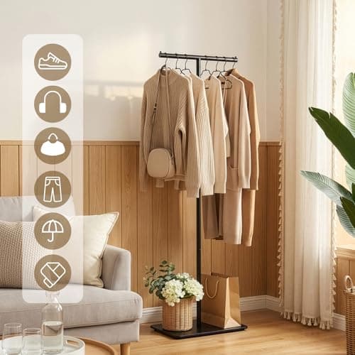 T Shaped Coat Rack Clothes Rail 170cm with Rock Slab Base Garment, Freestanding Coat Stand Heavy Duty Metal Modern Hanger Max Load 30kg for Hanging Coats, Jackets, and Bags, Bedroom Entryway Black — view 5