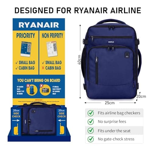 ECOHUB for Ryanair Cabin Bags 40x20x25, Underseat Hand Luggage Backpack with Laptop Compartment, Recycled Travel Carry on Bag, Flight Rucksack with Anti-Theft Pocket, Patented, Blue-20L — view 2