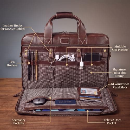 LEATHER VILLAGE 16" Leather Laptop Messenger Briefcase Bag for Men-Leather Satchel for Travel and Office Shoulder Bag-Red — view 5