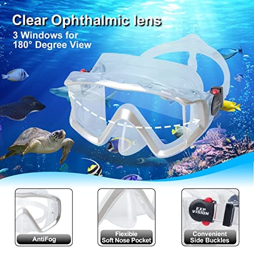 Dry Snorkel Set, Pano 3 Window Snorkel Mask, Anti-Fog Scuba Diving Goggles and Snorkel, Professional Adult Snorkeling Swim Mask Gear (Pearl White Set) — view 2