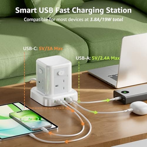 Cube Extension Lead with USB Slots, 4 Way Multi Plug Extension Socket with 3 USB C 3 USB A(13A/3250W) Tower Power Strip with 4 Independent Switches 1.5M Extension Cords for Desk Home Office Travel — view 4