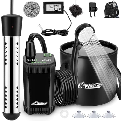WADEO Portable Camping Shower, Hot Water, 20L Bucket, 7 Days Runtime