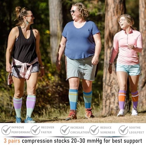 Fjquamitix 3 Pairs Compression Socks for Women& Men 20-30 mmHg Graduated Flight Compression Stockings Knee-High Support Socks for Athletic, Pregnancy, Varicose Veins (Purple, green, blue, S/M) — view 5