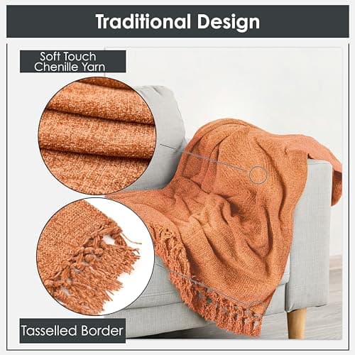 Emma Barclay Throw Blanket For Sofas Bed Extra Large Soft Chenille Throws For Settees In Burnt Orange Throw Fleece Blankets - Darcy Collection 50" x 60" (127cm x 152cm) Burnt Orange — view 6