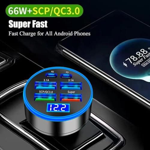 Super Fast Charge USB C Car Phone Charger Adapter 6 in 1 with Voltage Display 250W Multi Port Cigarette Lighter USB Charge for iPhone 16 15 14 13 12 11 Samsung Galaxy Huawei Oneplus Oppo Vivo — view 6