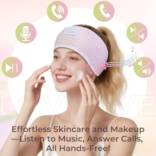LOVE EYE Sleep Headphones Headband, Soft Skin-Friendly Sleep Mask with Ultra-Thin HD Stereo Bluetooth Speakers, Wireless Music Headband for Sleeping, Travel & Yoga, Pink Striped Design — view 2