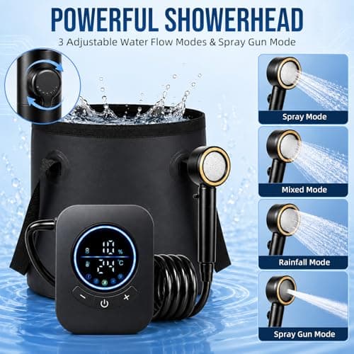 Portable Camping Shower, 8000mAh Rechargeable Portable Shower Pump with 20L Collapsible Bucket LED Display, 5 Water Pressure, 4 Spray Modes, IPX8 Waterproof Outdoor Shower for Hiking Travel Car Pet — view 3