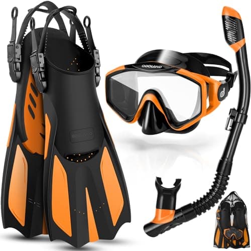 Snorkel Set for Adults, Anti-Fog Diving Mask with Dry Top Snorkel & Swim Fins, Wide View Scuba Flippers Snorkeling Gear for Men Women Youth Orange M
