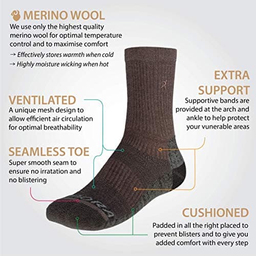 Merino Wool Blend Walking Hiking Socks Unisex (Pair) (Brown) (3-6.5) [S] — view 2