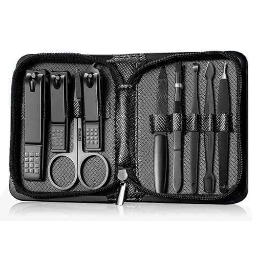 Manicure Set Nail Clippers Pedicure Kit Stainless Steel Manicure Kit, Professional Mens Grooming Kits, Nail Care Tools with Luxurious Travel Leather Case Gift Box (9, Black)