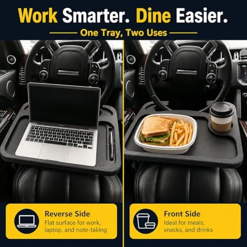 kefeimumu Car Steering Wheel Tray 2-in-1, Portable Car Laptop Table Eating Desk, Universal Vehicle Mounted Workstation with Cup Holder for Commuters & Travel,Fits Most Vehicles Black — view 5