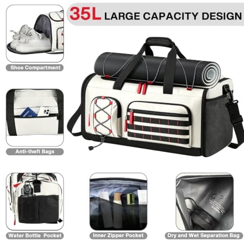35L Gym Bag with Shoe Compartment, Dry & Wet Separation Overnight Bag-White — view 5