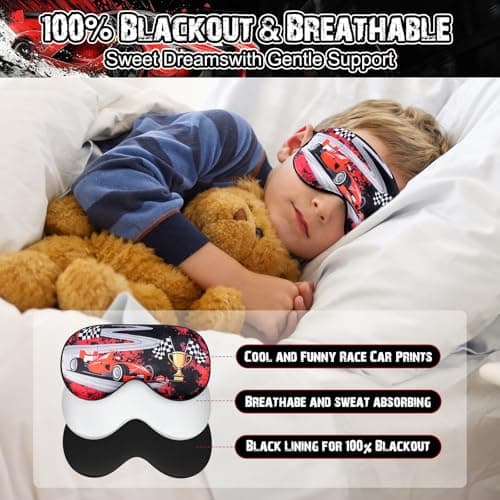 TeTupGa Blackout Kids Sleep Mask for Boys，2 Pack Silk Eye Mask for Sleeping with Adjustable Strap, Teens Children's Bedtime Eye Cover for Travel & Home Use (2 Pack CAR1 Style) — view 3