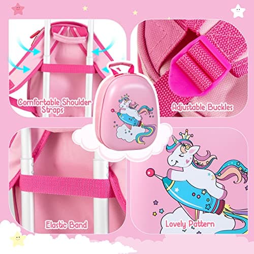 HOMFME 2 PCS Kids Luggage Set, Children Suitcase and Backpack Set with Adjustable Handle and Universal Wheels, Hard Shell Toddler Trolley Case for Travel School (12 + 18 Inch, Pink Unicorn) — view 4