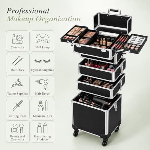 4-in-1 Rolling Makeup Train Case on Wheels, Large Cosmetic Organizer Trolley with 360° Silent Brake Wheels & Reinforced Metal Latches, Cosmetology Travel Case for Salon Nail Artist Hairstylist — view 3