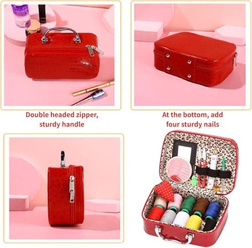 Wondolla Sewing Kit,Portable Sewing Kit in Faux Leather Case,Portable DIY Hand Made Craft Set,Big Eye Stainless Steel Needles Hand Sewing Kit for Handicraft Lovers (Pink) — view 5
