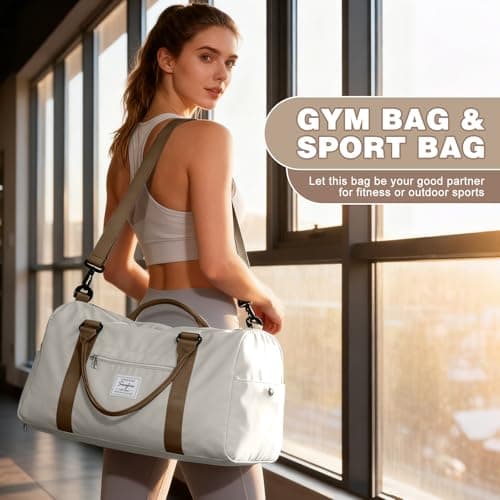 WEPLAN Gym Bag Womens Men Sports Fitness Bags Weekend Overnight Bag Travel Duffle Bags for Women with Shoes Compartment Wet Pocket,Holdall Hospital for Swimming Carry on Hand Luggag,A19-Beige Brown — view 2
