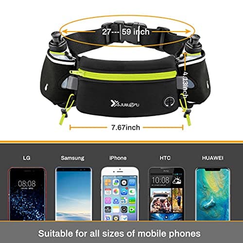 Number-one Running Belt with Water Bottles(2 x 175ML), Hydration Belt Waterproof Waist Pack Bag Fits iPhones Adjustable Sports Waist Pouch for Marathon Running Hiking Cycling, Green, 80cm*12cm*0.5cm — view 3