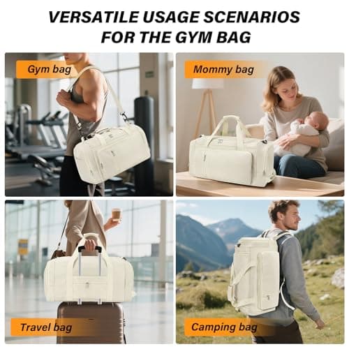Sports Gym Bag Duffle Bag with Shoes Compartment for Womens Mens, CS COSDDI Weekend Travel Bag Overnight Bag with Wet Pocket, Luggage Bag Hospital Bag Holdall Bags with Shoulder Strap Backpack (Beige) — view 2