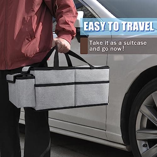 GUWINA Car Backseat Organiser, Multi Compartment Foldable Seat Organiser for Car Boot Front and Back Seats, with Lids and Straps Best for Clothes, Toys, Office Products (Grey) — view 6