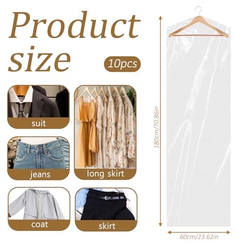 10Pcs Dry Cleaner Bags Plastic Clear Dress Bag 60x180 cm Long Dry Cleaning Bag for Clothes, Plastic Garment Bags for Hanging Clothes, Long Dresses, Suits, Gowns, Dance Costumes — view 2