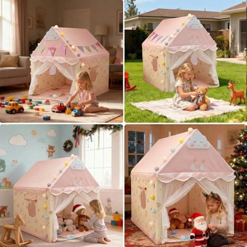 Kids Tent Play House with Lights, Kids Play Tent with Multi-Coloured Ball Lights & Tote Bag & Flags & Clouds, Indoor Outdoor Princess Tents Toddlers Playhouse for Girls Boys Birthday Gifts(Pink) — view 6