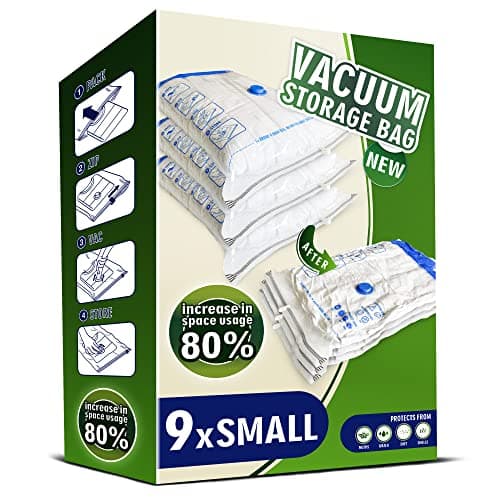 STORAGE MASTER Space Saver Bags for Travel and Home Reusable Vacuum Storage Bags Save 80% More Storage Space Work with Vacuum Cleaner (9 Small, No Pump Included)