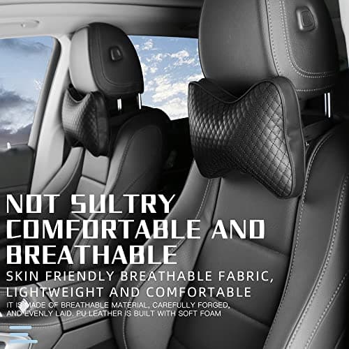 Qirc 2 pieces Car Headrest Pillows, Car Headrest Cushions, Car Leather Neck Support Pillows, Comfortable Soft Universal Car Seat Pillows, Ergonomic Cushion for Auto Driving (Black) — view 5