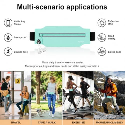 Running Belt for Men & Women, Slim Bum Bag & Running Phone Holder, No Bounce Waist Pack, Water Resistant Reflective Running Pouch, Adjustable Fitness Belt Fits All Smartphones(Light Green) — view 4