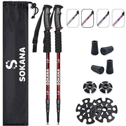 SOKANA Walking Poles 2 Pack Folding Walking Sticks for Men and Women | Lightweight Trekking Poles with Quick Lock System for Hiking Climbing Camping - Red
