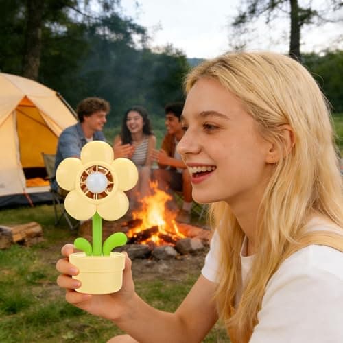 Portable Handheld Fan | 3-Speed Settings Ventilator | Flower Pot Shape USB Rechargeable Night Light Handheld Portable Fan,for Kids Adults Summer Travel Car Beach Outdoor Kitchen Classroom — view 2