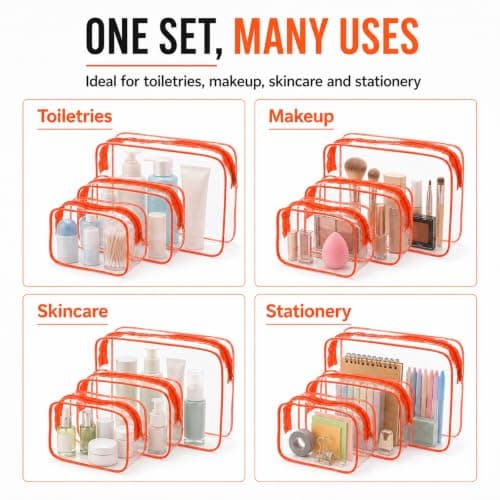 2PCS Clear Toiletry Bags, Waterproof Travel Makeup Organiser, Orange — view 6