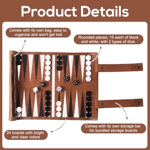 Pengrity Travel Backgammon Set, Portable Backgammon Board Game, Roll Up backgammon Travel Set Leather, Tactical Board Game Ideas for Kids Adults Family Party — view 3