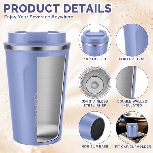 MOMSIV Coffee Cup, 380ml Vacuum Reusable Leakproof Double Wall Coffee Cup, Insulation Stainless Steel Eco-Friendly Travel Office Mug for Hot Coffee Tea and Cold Drinks, Purple — view 5