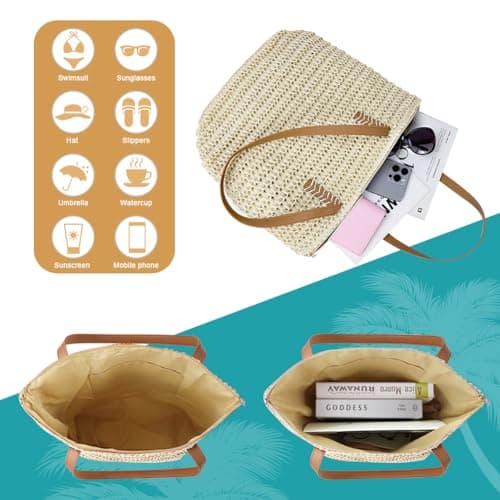 Aucuu Straw Shoulder Bag, Straw Bag for Women, Beach Bag, Large Zippered Handbag Tote Bag, Bohemian Summer Handheld Shoulder Bag for Outdoor Travel and Beach (Off White) — view 6