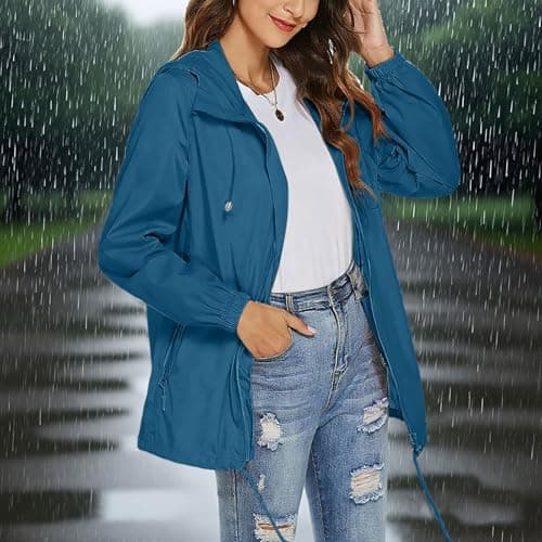 Waterproof Jacket Womens Packaway Rain Coat with Zip Pocket Outdoor Lightweight Softshell Sport Jacket Windproof Windbreak Hiking Jackets Casual Hooded Raincoats Rainproof Coats — view 2